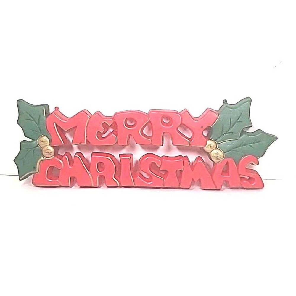 Merry Christmas Wall Hanging VTG Sign Molded Plastic 15" Red w/ Holly Leaves